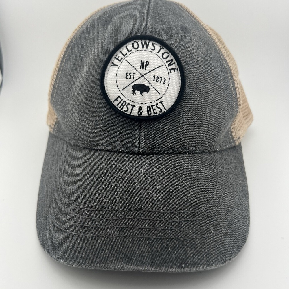 Yellowstone National Park Trucker Hat Gray Tan Mesh Snapback Bison Patch Cap